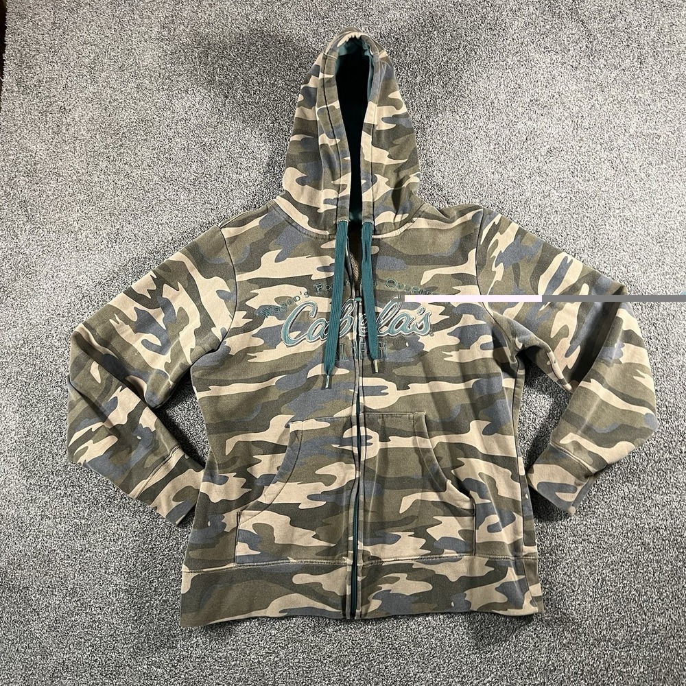Cabelas Womens Large Camo Full Zip Hoodie Worlds Foremost Outfitter Green Camo